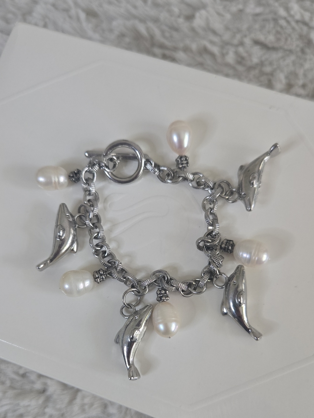 Silver Dolphin Charm Bracelet with White Pearl Dangles